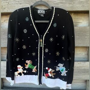 Berek Black Cardigan with Festive Dog Design